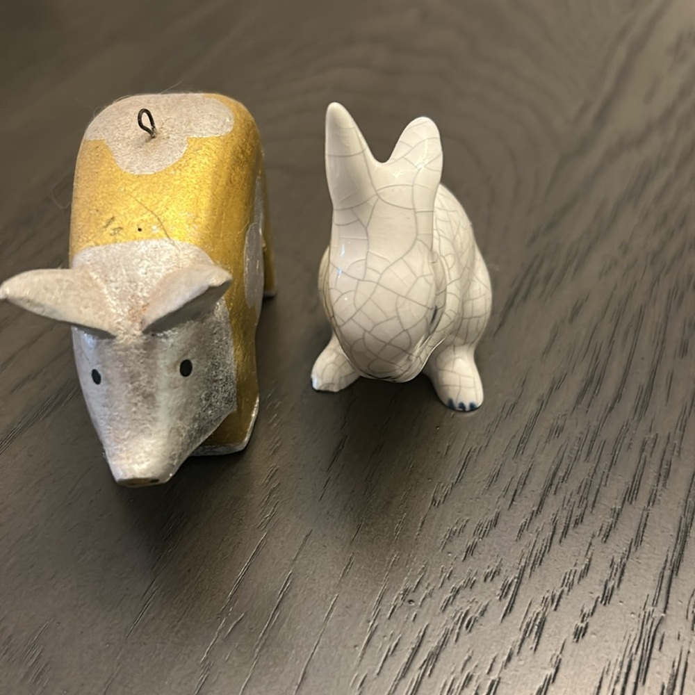 Ceramic White and Blue Bunny Figurine Plus Pig